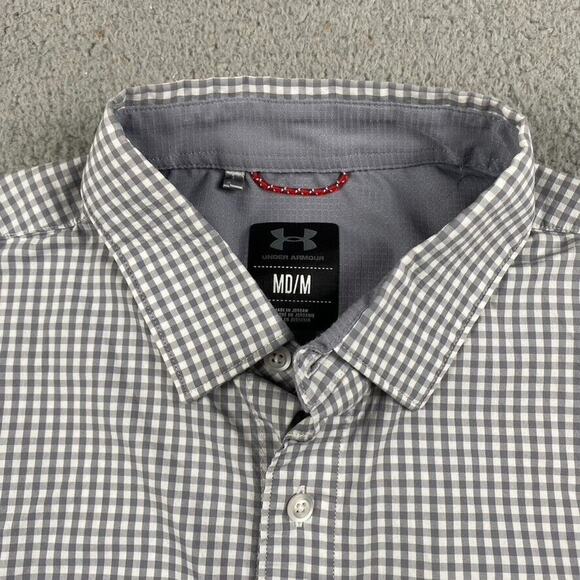 Under Armour Heatgear Button Up Shirt Women's Medium Gray White Plaid - Picture 1 of 7